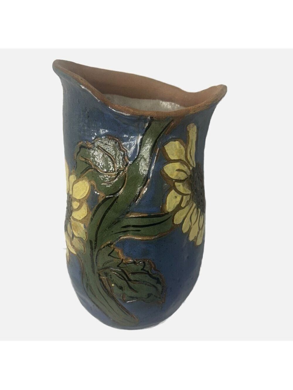 VTG Art Pottery Terracotta Rustic Handcrafted Floral Vase Signed